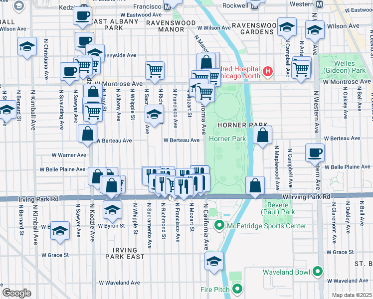 map of restaurants, bars, coffee shops, grocery stores, and more near 4123 North Francisco Avenue in Chicago