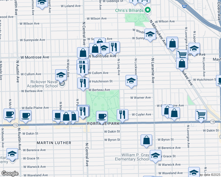 map of restaurants, bars, coffee shops, grocery stores, and more near 5428 West Berteau Avenue in Chicago