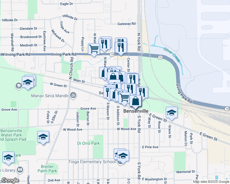map of restaurants, bars, coffee shops, grocery stores, and more near 24 South Addison Street in Bensenville