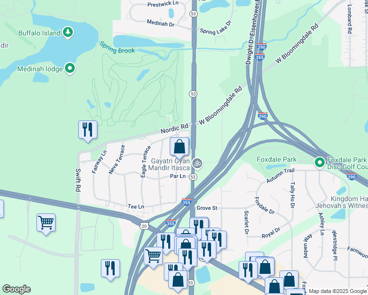 map of restaurants, bars, coffee shops, grocery stores, and more near 5N428 Illinois 53 in Itasca
