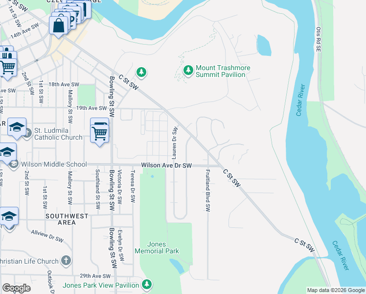 map of restaurants, bars, coffee shops, grocery stores, and more near 2213 Lauren Drive Southwest in Cedar Rapids