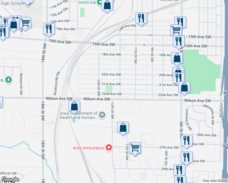 map of restaurants, bars, coffee shops, grocery stores, and more near 2210 12th Street Southwest in Cedar Rapids