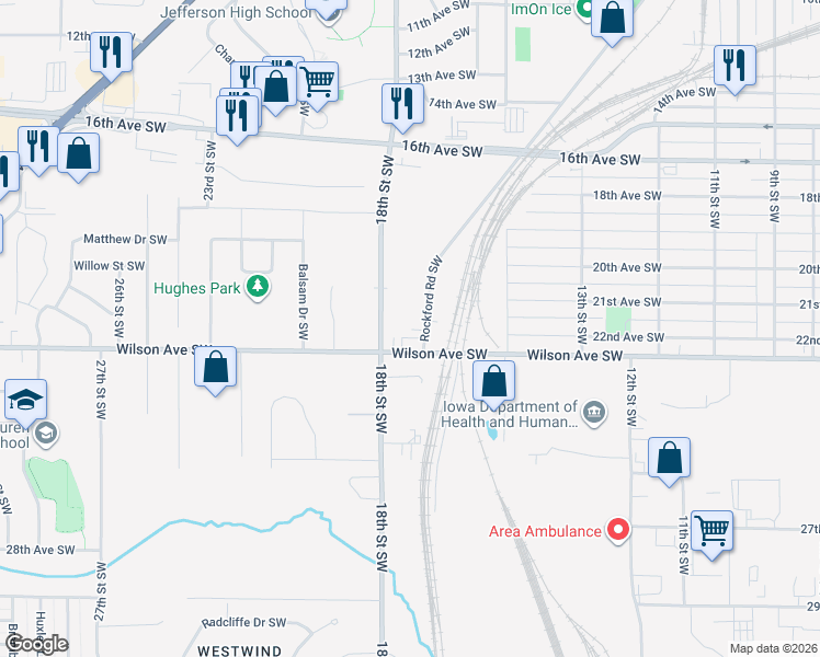 map of restaurants, bars, coffee shops, grocery stores, and more near 2211 Rockford Road Southwest in Cedar Rapids