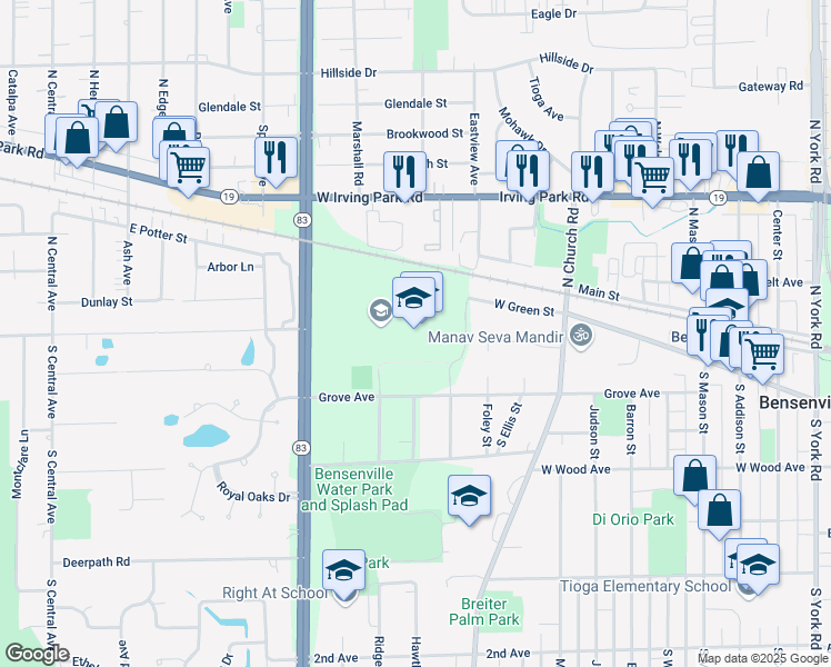 map of restaurants, bars, coffee shops, grocery stores, and more near 1000 West Green Street in Bensenville