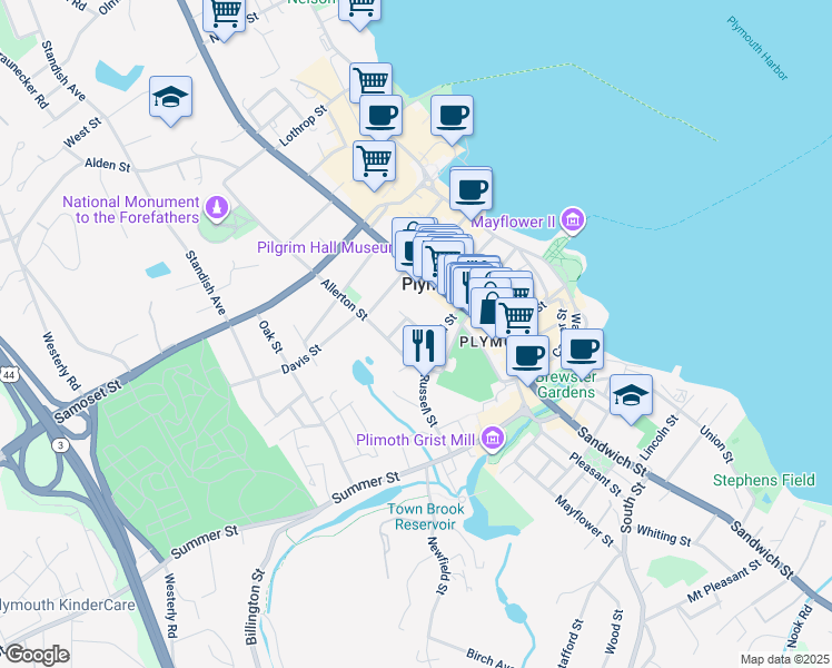 map of restaurants, bars, coffee shops, grocery stores, and more near 6 Sever Street in Plymouth