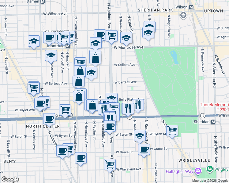map of restaurants, bars, coffee shops, grocery stores, and more near 4109 North Ashland Avenue in Chicago