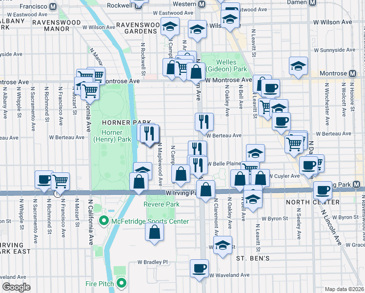 map of restaurants, bars, coffee shops, grocery stores, and more near 2435 West Warner Avenue in Chicago