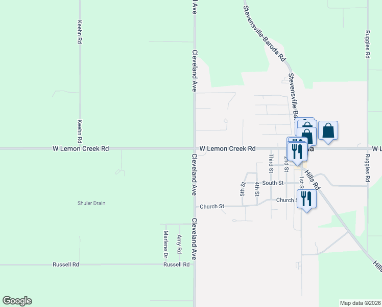 map of restaurants, bars, coffee shops, grocery stores, and more near 8924 Cleveland in Baroda