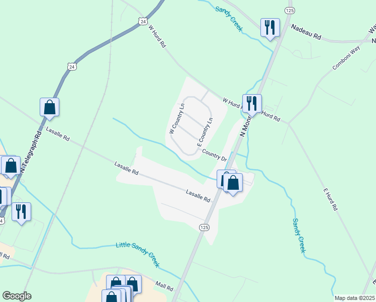 map of restaurants, bars, coffee shops, grocery stores, and more near 2800 East Country Lane in Monroe