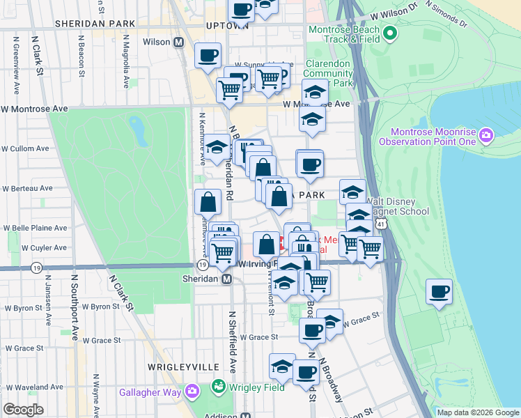 map of restaurants, bars, coffee shops, grocery stores, and more near 910 West Belle Plaine Avenue in Chicago