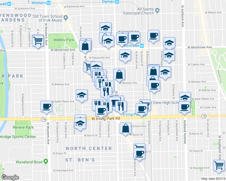 map of restaurants, bars, coffee shops, grocery stores, and more near 2019 West Warner Avenue in Chicago