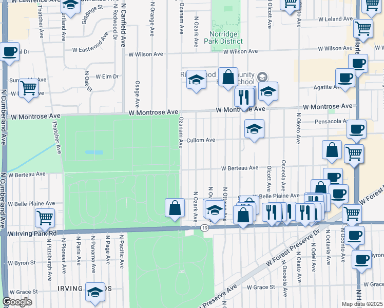 map of restaurants, bars, coffee shops, grocery stores, and more near 4211 North Ozark Avenue in Norridge
