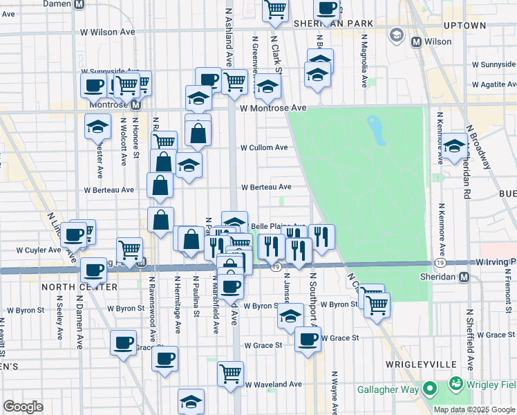 map of restaurants, bars, coffee shops, grocery stores, and more near N Greenview Ave & W Warner Ave in Chicago