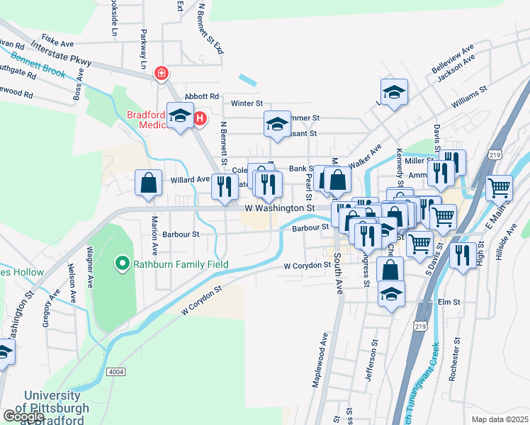 map of restaurants, bars, coffee shops, grocery stores, and more near Center St in Bradford