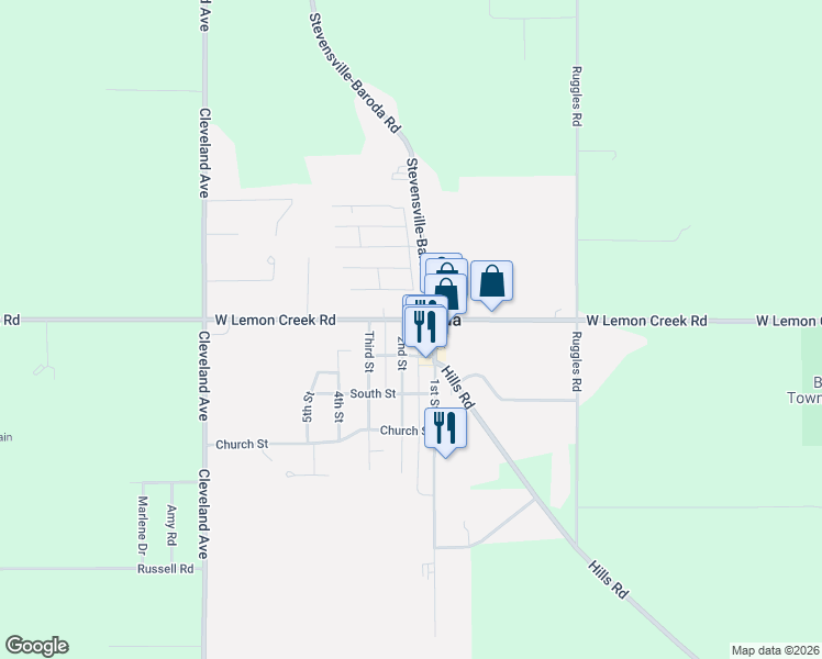 map of restaurants, bars, coffee shops, grocery stores, and more near 8943 2nd Street in Baroda