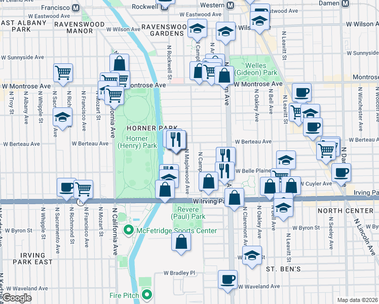 map of restaurants, bars, coffee shops, grocery stores, and more near 4143 North Maplewood Avenue in Chicago