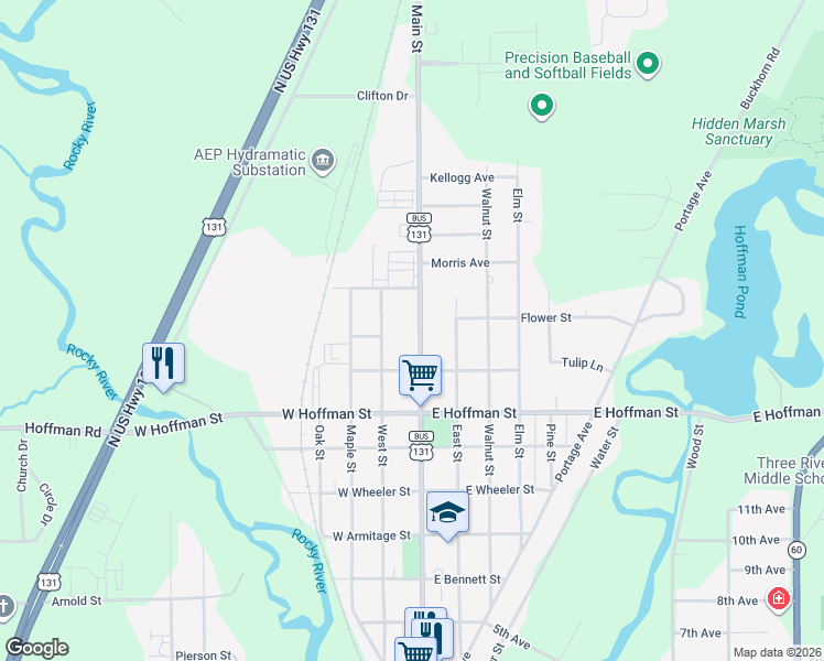 map of restaurants, bars, coffee shops, grocery stores, and more near 906 North Main Street in Three Rivers