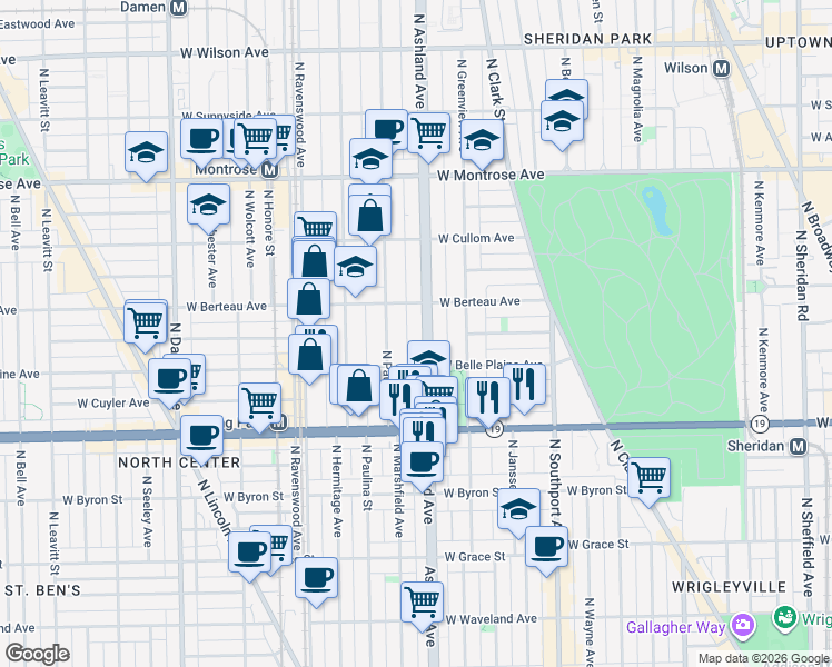 map of restaurants, bars, coffee shops, grocery stores, and more near 4109 North Ashland Avenue in Chicago