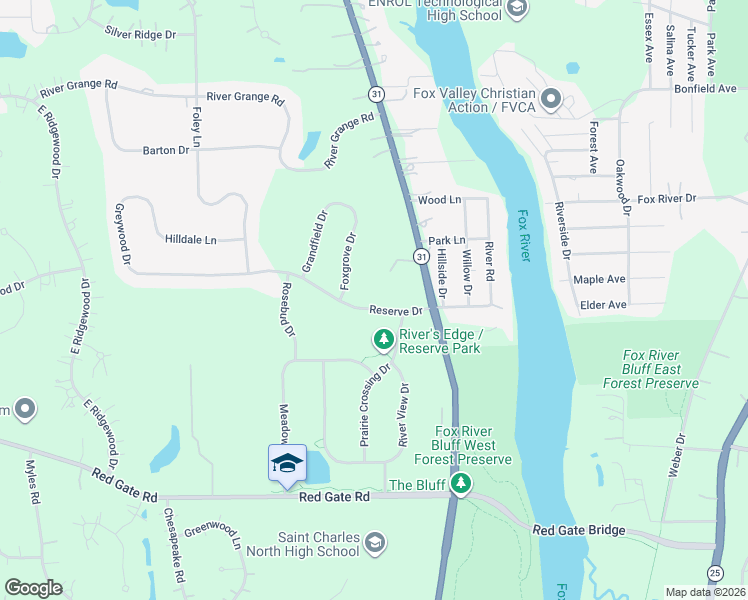 map of restaurants, bars, coffee shops, grocery stores, and more near 230 Reserve Drive in St. Charles