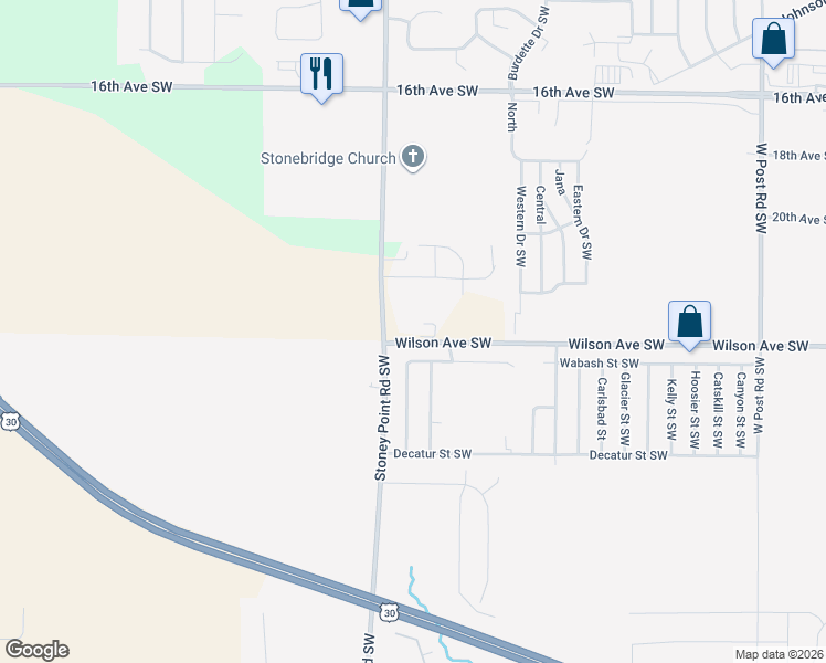 map of restaurants, bars, coffee shops, grocery stores, and more near Wilson Avenue Southwest in Cedar Rapids
