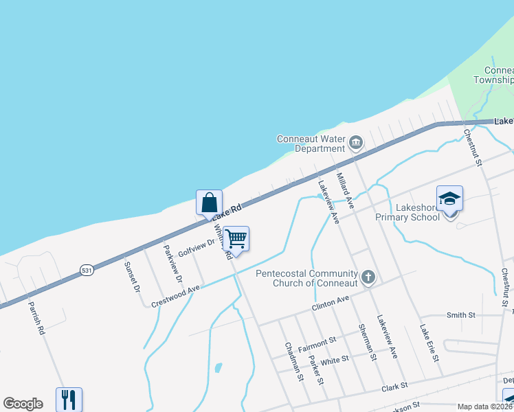 map of restaurants, bars, coffee shops, grocery stores, and more near 947 Lake Road in Conneaut