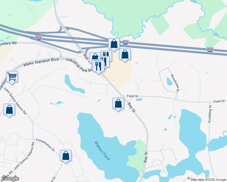map of restaurants, bars, coffee shops, grocery stores, and more near 1940 Bay Street in Taunton