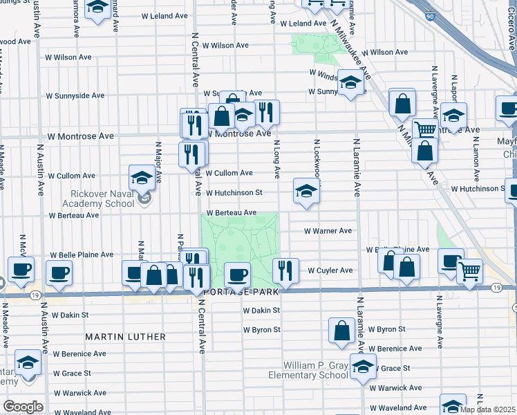 map of restaurants, bars, coffee shops, grocery stores, and more near 5428 West Berteau Avenue in Chicago
