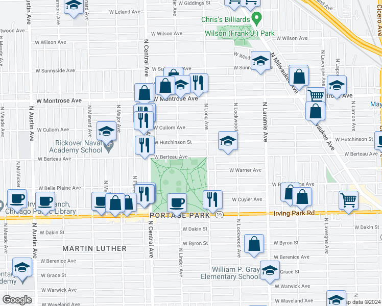 map of restaurants, bars, coffee shops, grocery stores, and more near 5430 West Berteau Avenue in Chicago