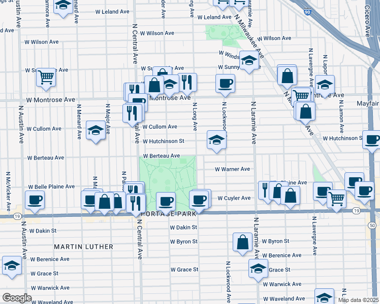 map of restaurants, bars, coffee shops, grocery stores, and more near 5410 West Berteau Avenue in Chicago