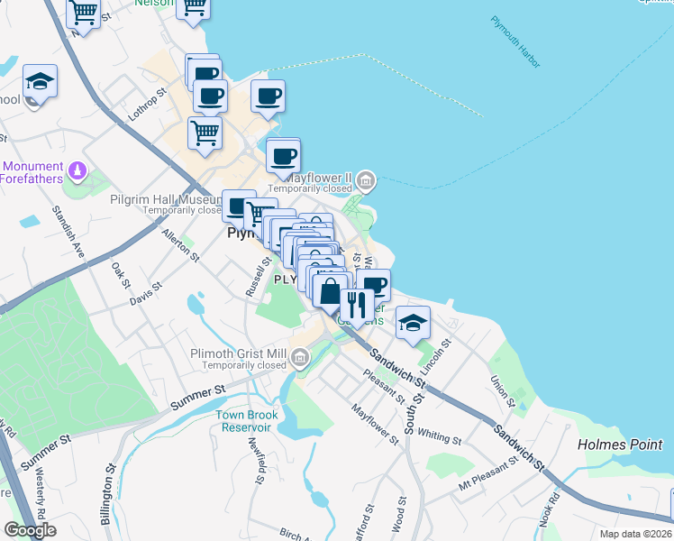 map of restaurants, bars, coffee shops, grocery stores, and more near 20 Leyden Street in Plymouth