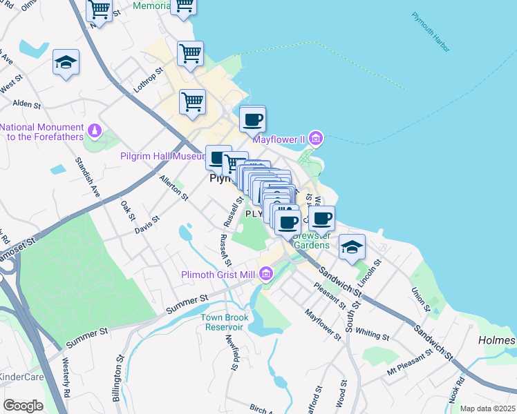 map of restaurants, bars, coffee shops, grocery stores, and more near 44 Massachusetts 3A in Plymouth