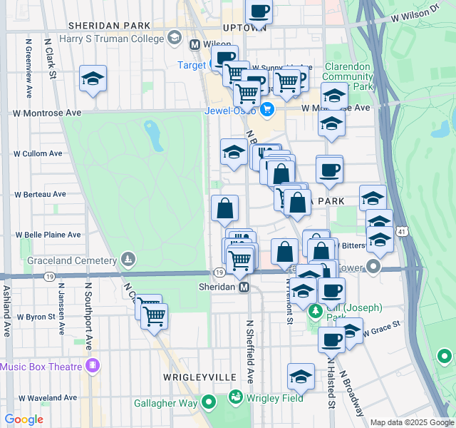 map of restaurants, bars, coffee shops, grocery stores, and more near 4069 North Kenmore Avenue in Chicago