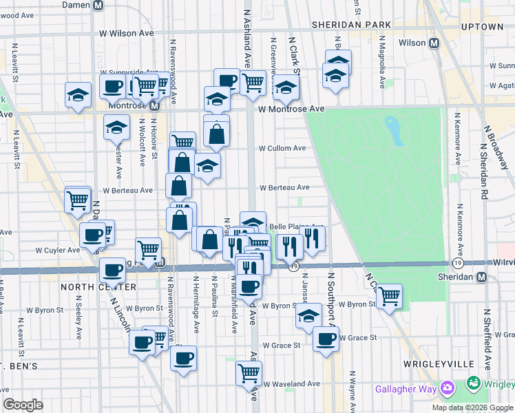 map of restaurants, bars, coffee shops, grocery stores, and more near 4109 North Ashland Avenue in Chicago