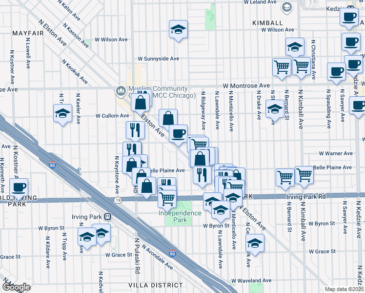 map of restaurants, bars, coffee shops, grocery stores, and more near 4155 North Elston Avenue in Chicago