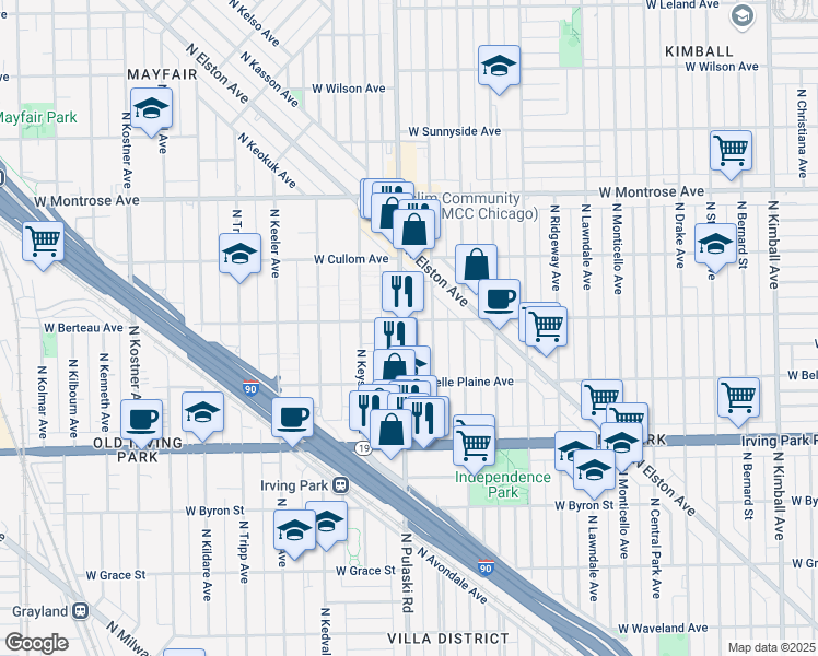map of restaurants, bars, coffee shops, grocery stores, and more near 4133 North Pulaski Road in Chicago