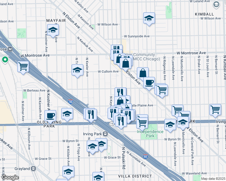 map of restaurants, bars, coffee shops, grocery stores, and more near 4135 North Keystone Avenue in Chicago