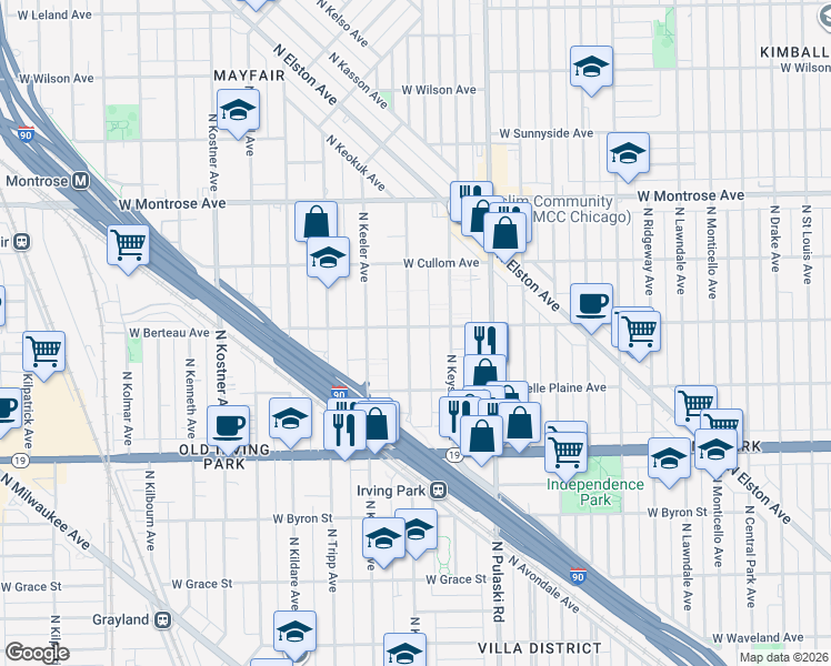 map of restaurants, bars, coffee shops, grocery stores, and more near 4135 North Kedvale Avenue in Chicago