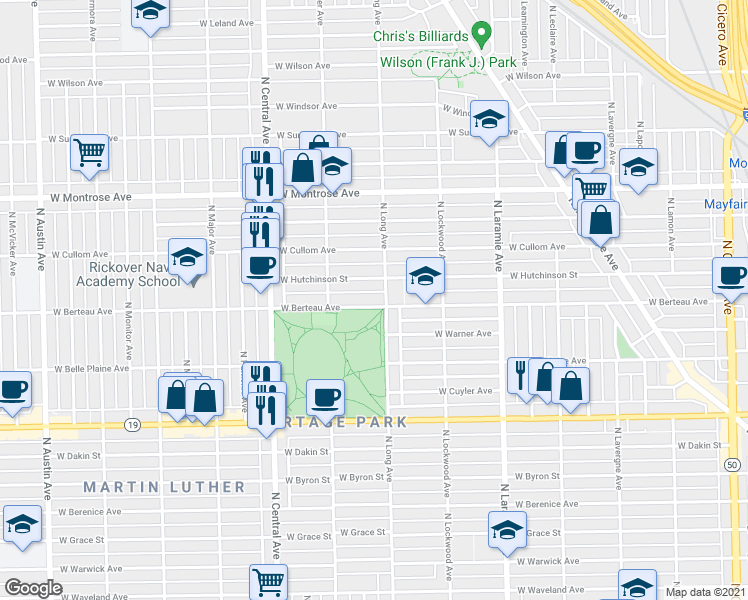 map of restaurants, bars, coffee shops, grocery stores, and more near 4147 North Long Avenue in Chicago