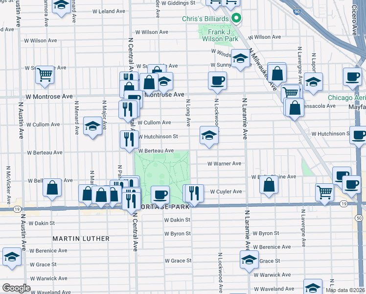 map of restaurants, bars, coffee shops, grocery stores, and more near 5430 West Berteau Avenue in Chicago