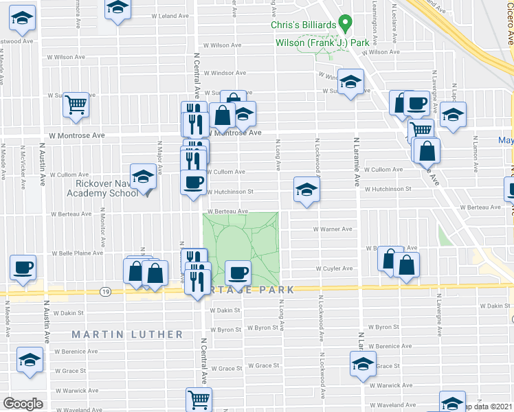 map of restaurants, bars, coffee shops, grocery stores, and more near 5428 West Berteau Avenue in Chicago