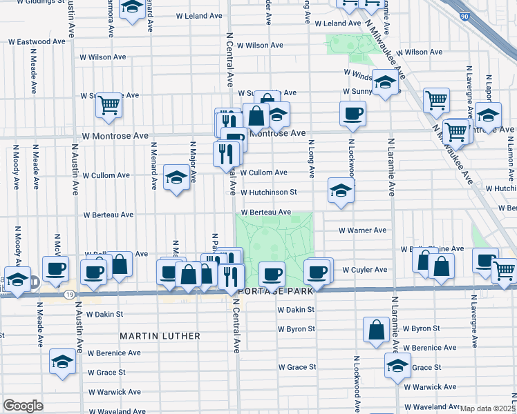 map of restaurants, bars, coffee shops, grocery stores, and more near 5515 West Berteau Avenue in Chicago