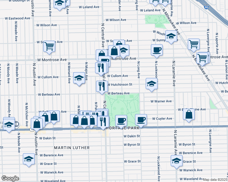 map of restaurants, bars, coffee shops, grocery stores, and more near 4100 North Long Avenue in Chicago