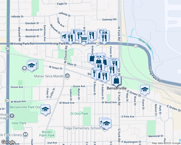map of restaurants, bars, coffee shops, grocery stores, and more near 320 West Green Street in Bensenville