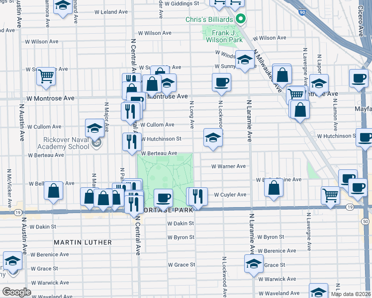 map of restaurants, bars, coffee shops, grocery stores, and more near 5428 West Berteau Avenue in Chicago