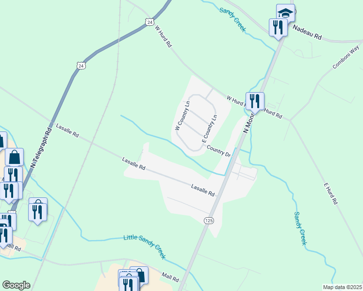 map of restaurants, bars, coffee shops, grocery stores, and more near 2800 East Country Lane in Monroe