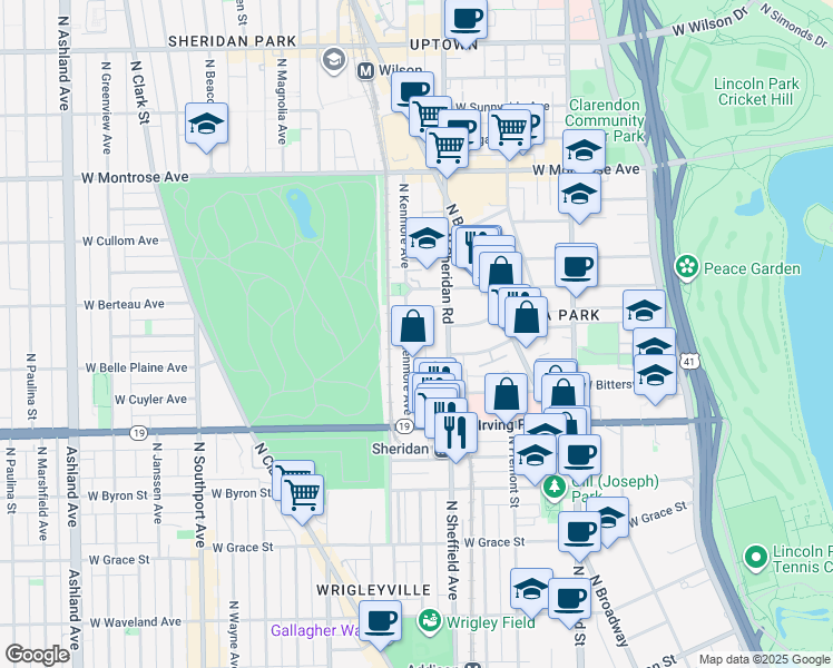 map of restaurants, bars, coffee shops, grocery stores, and more near 4119 North Kenmore Avenue in Chicago