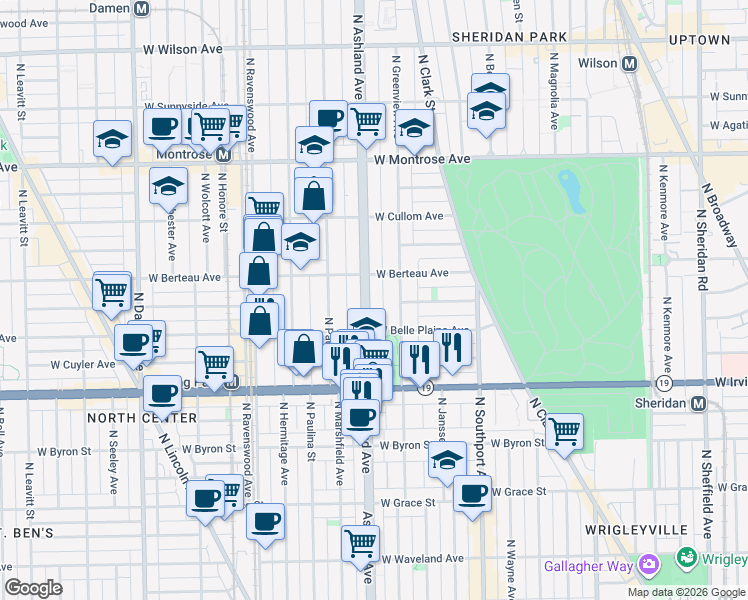map of restaurants, bars, coffee shops, grocery stores, and more near 4109 North Ashland Avenue in Chicago