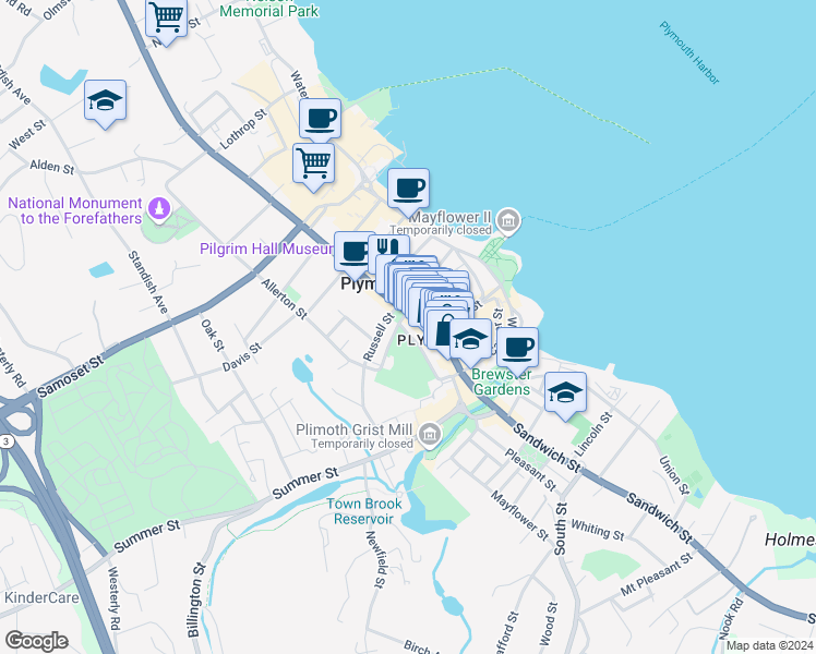 map of restaurants, bars, coffee shops, grocery stores, and more near 28 School Street in Plymouth