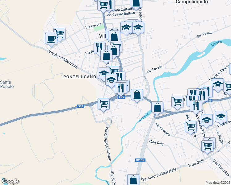 map of restaurants, bars, coffee shops, grocery stores, and more near Via Nazionale Tiburtina in Tivoli