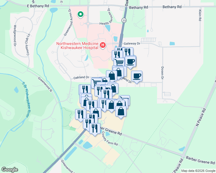 map of restaurants, bars, coffee shops, grocery stores, and more near 2587 Sycamore Road in DeKalb